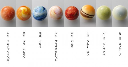 水星:ココナッツマンゴー、金星:クリームレモン、地球:カカオ、火星:プラリネオレンジ、木星:バニラ、土星:ラムレーズン、天皇星:ミルクティ、海王星:カプチーノ